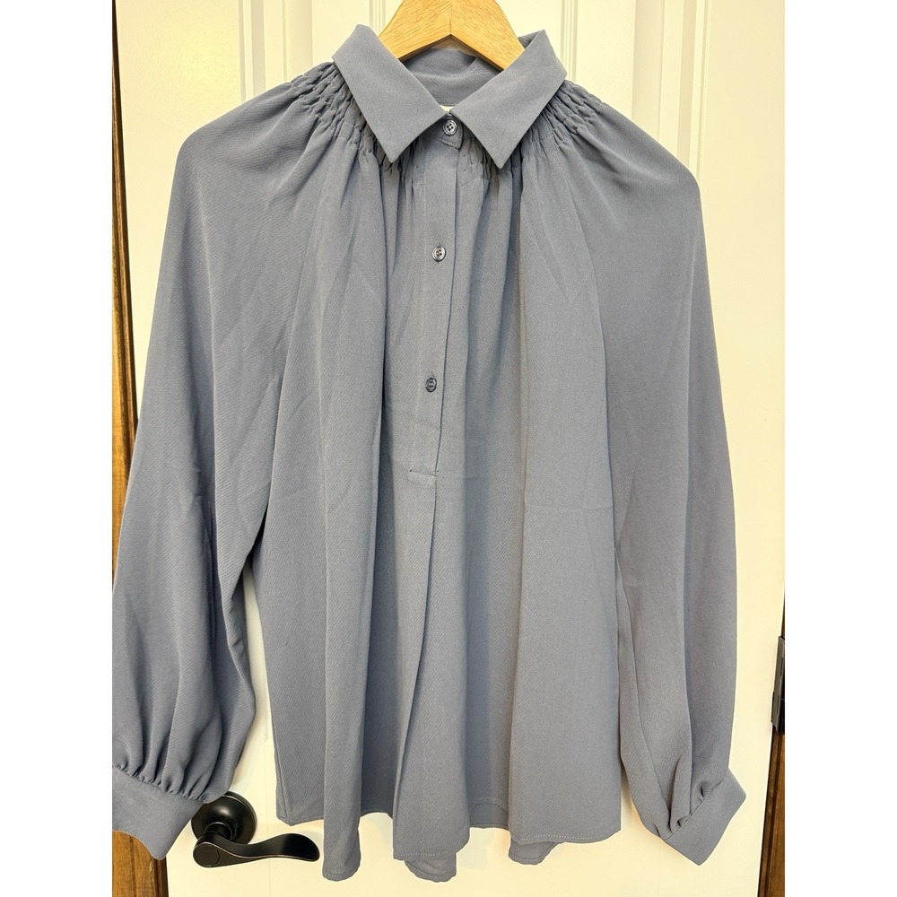 Max Studio Bluish Gray Slate Popover Tunic Blouse  With Smock Neck Sz L RTL $ 98